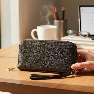 Elegant Black Embossed Clutch Wristlet